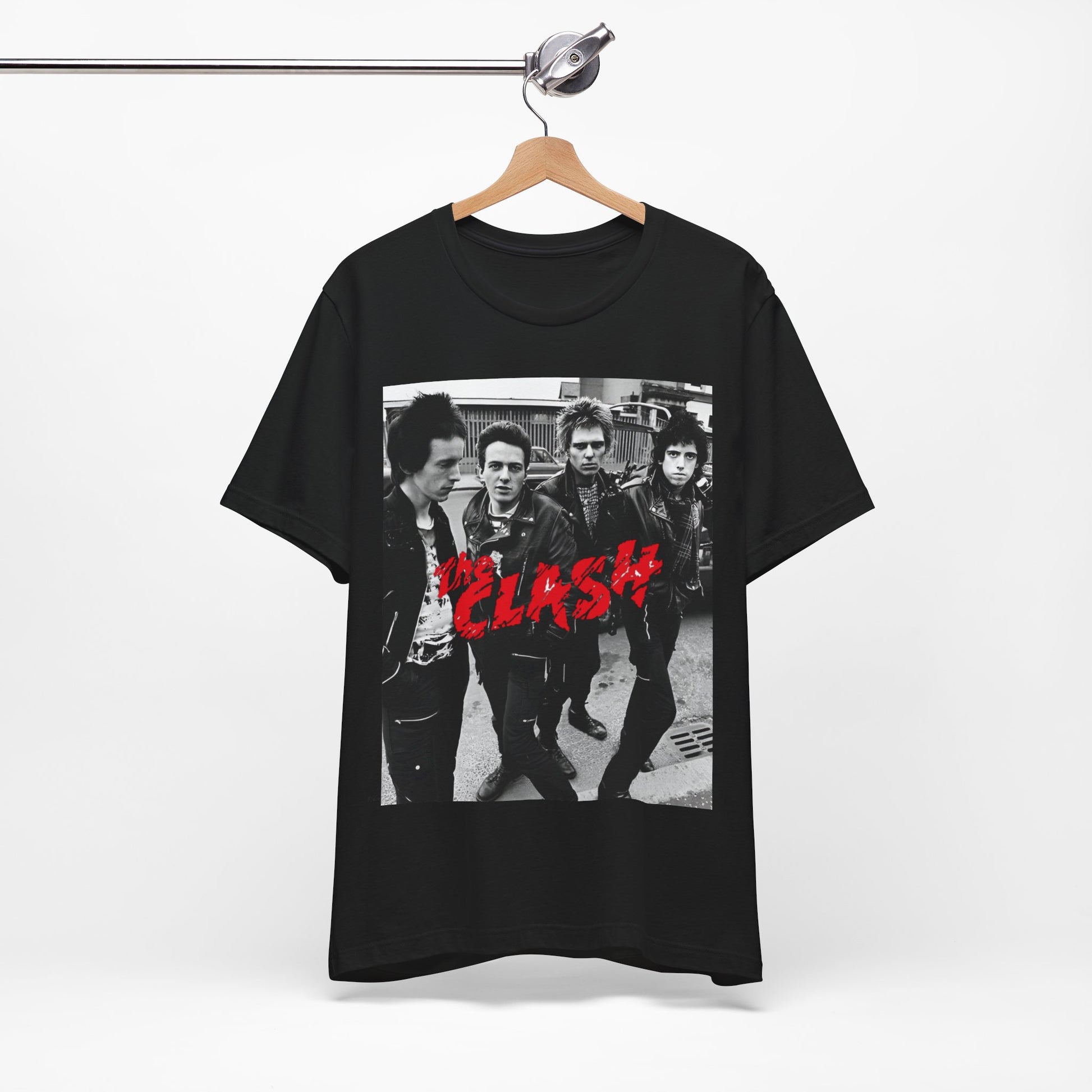 A black graphic t-shirt featuring a graphic of The Clash as punk rock pioneers.