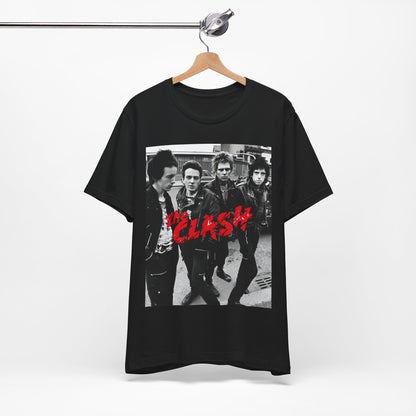 A black graphic t-shirt featuring a graphic of The Clash as punk rock pioneers.