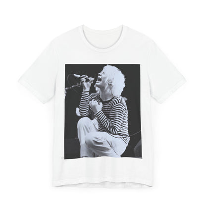 A black graphic t-shirt featuring a black and white graphic or photo of Radiohead performing live.