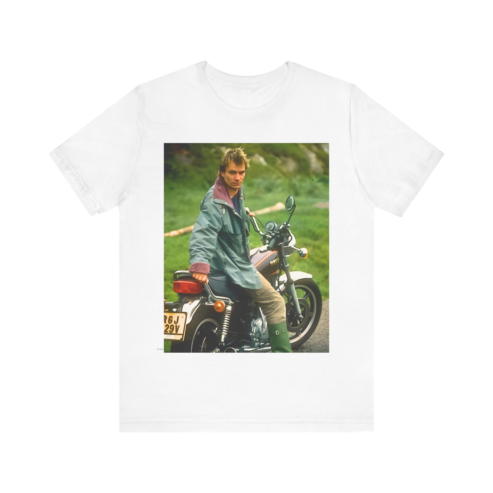 A black graphic t-shirt featuring a graphic of Sting from The Police with a motorcycle theme.