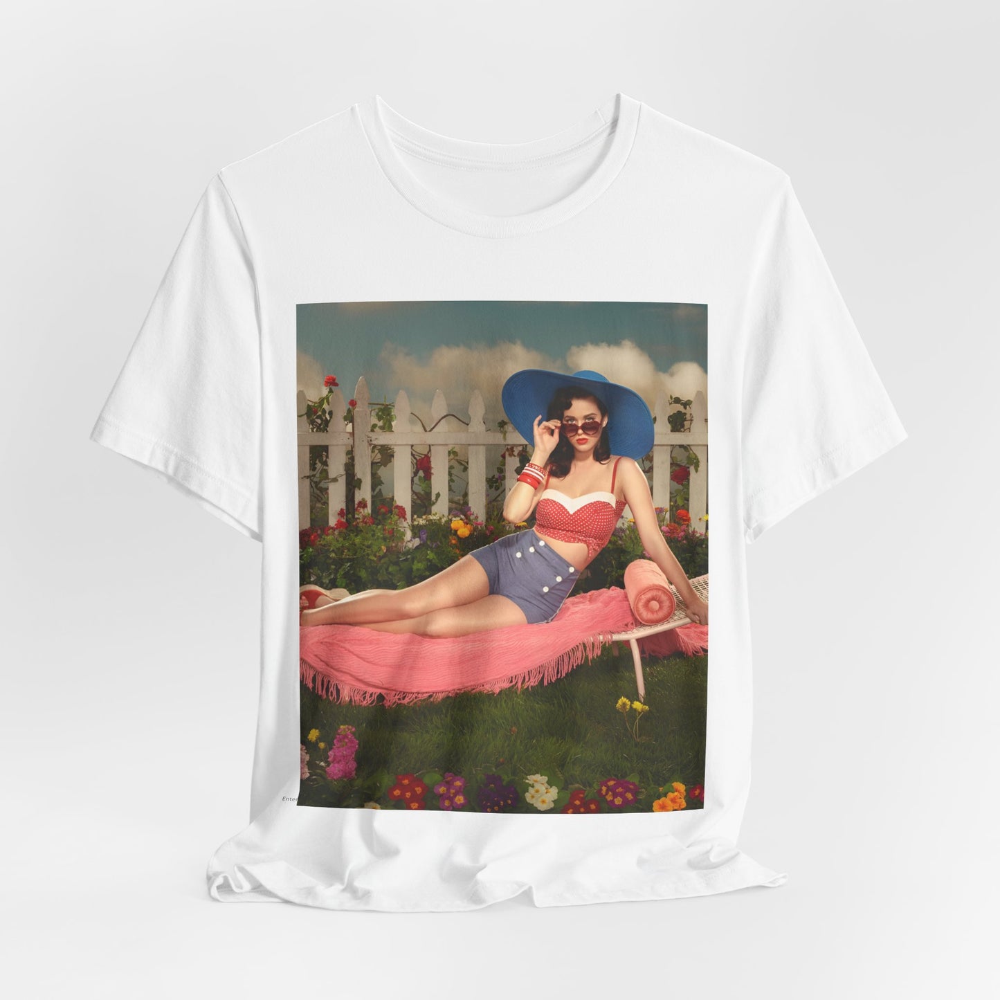 A black graphic t-shirt featuring a graphic related to Katy Perry's "California Gurls" song, with beach vibes.