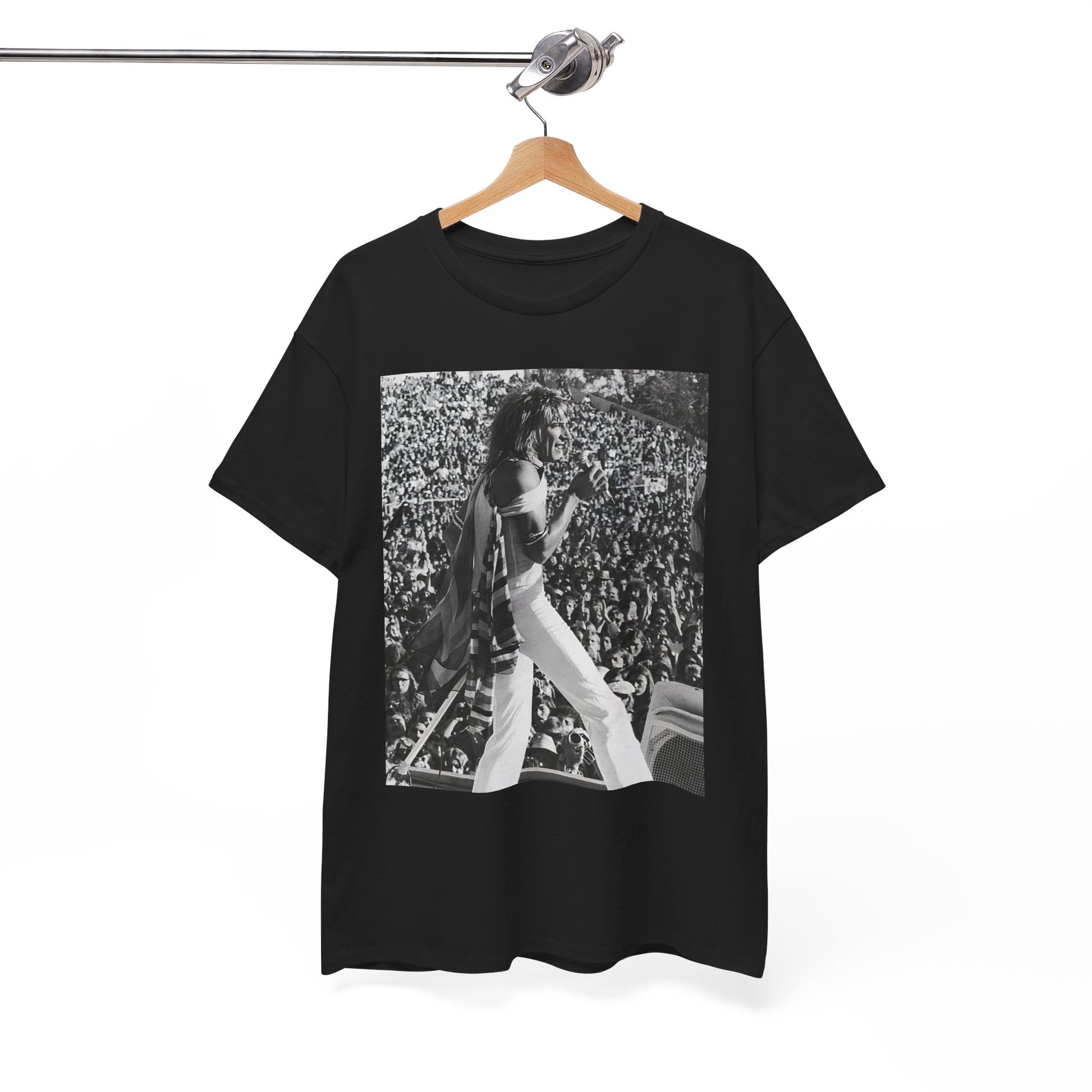 A black graphic t-shirt featuring a 70s on stage concert graphic of Rod Stewart.