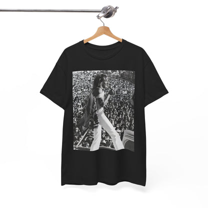 A black graphic t-shirt featuring a 70s on stage concert graphic of Rod Stewart.