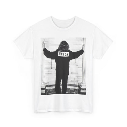 A black graphic t-shirt featuring a graphic of Michael Hutchence from INXS, labeled 'Hutch'.
