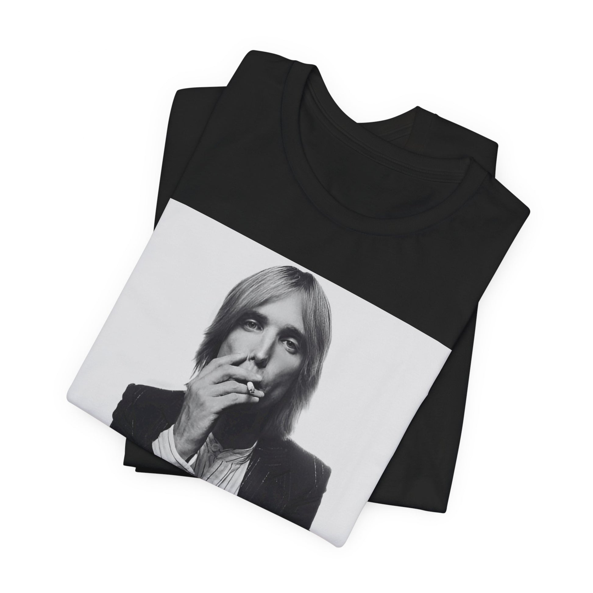 A black graphic t-shirt featuring a black and white graphic or photo of Tom Petty as a Southern rock icon.
