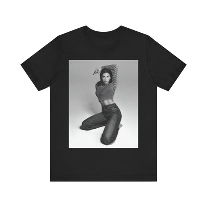 A black graphic t-shirt featuring a black and white photo of Dua Lipa in a posed manner.