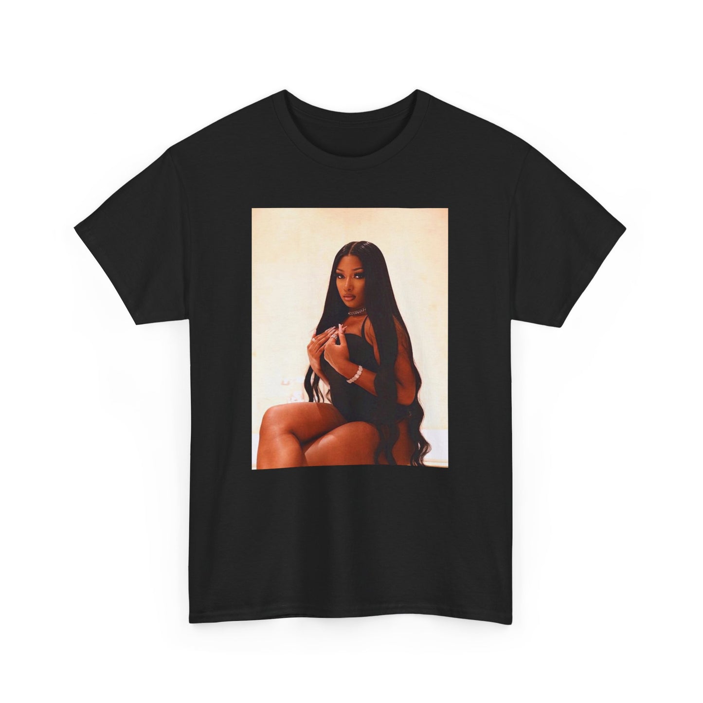 A black graphic t-shirt featuring a graphic of Megan Thee Stallion as the Queen of Rap.