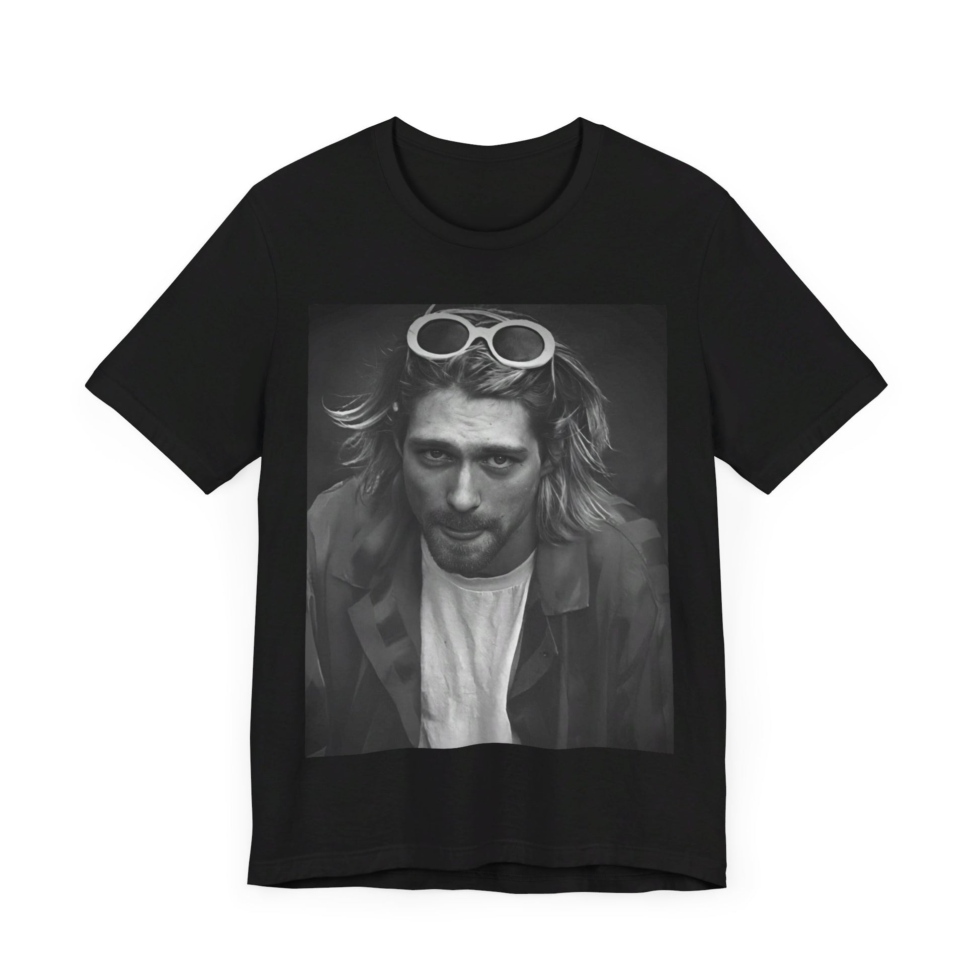A black graphic t-shirt featuring a photo of Kurt Cobain from Nirvana wearing sunglasses.