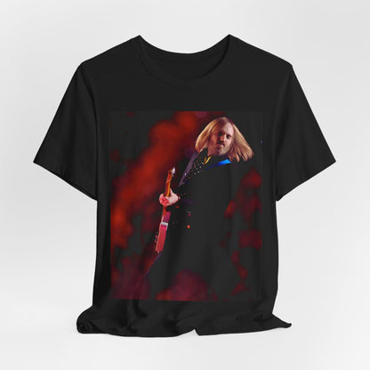 A black graphic t-shirt featuring a graphic or photo of Tom Petty as a powerhouse live performer.