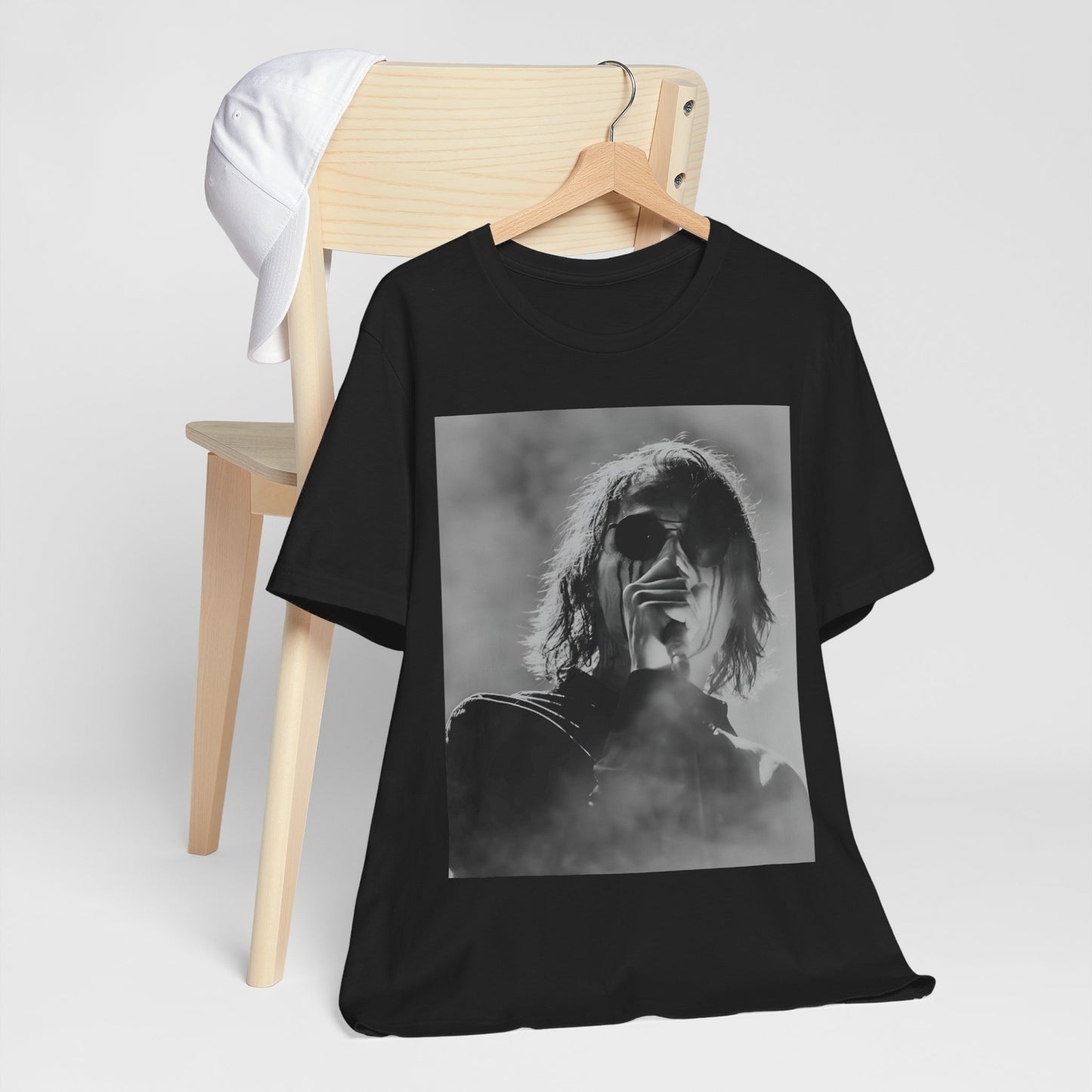 A black graphic t-shirt featuring a black and white, monochrome graphic or photo of My Chemical Romance.