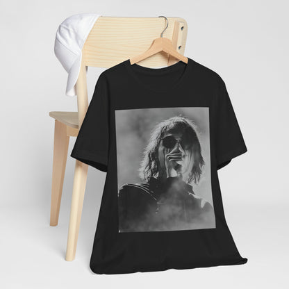 A black graphic t-shirt featuring a black and white, monochrome graphic or photo of My Chemical Romance.