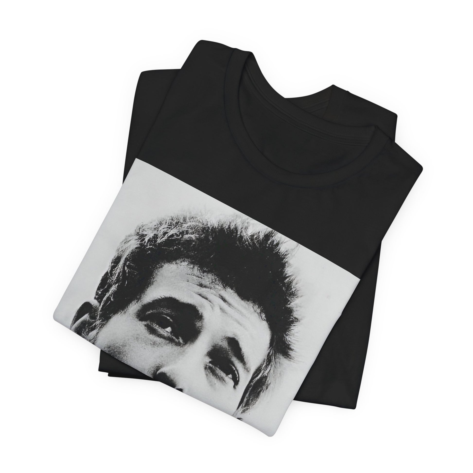 A black graphic t-shirt featuring a retro black and white folk iconic graphic of Bob Dylan.