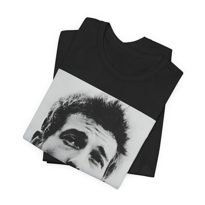 A black graphic t-shirt featuring a retro black and white folk iconic graphic of Bob Dylan.