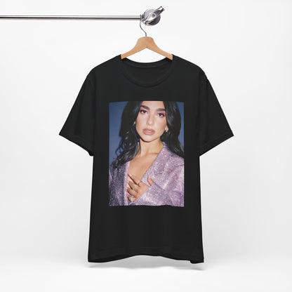 A black graphic t-shirt featuring a retro photo of Dua Lipa as a dance floor queen.