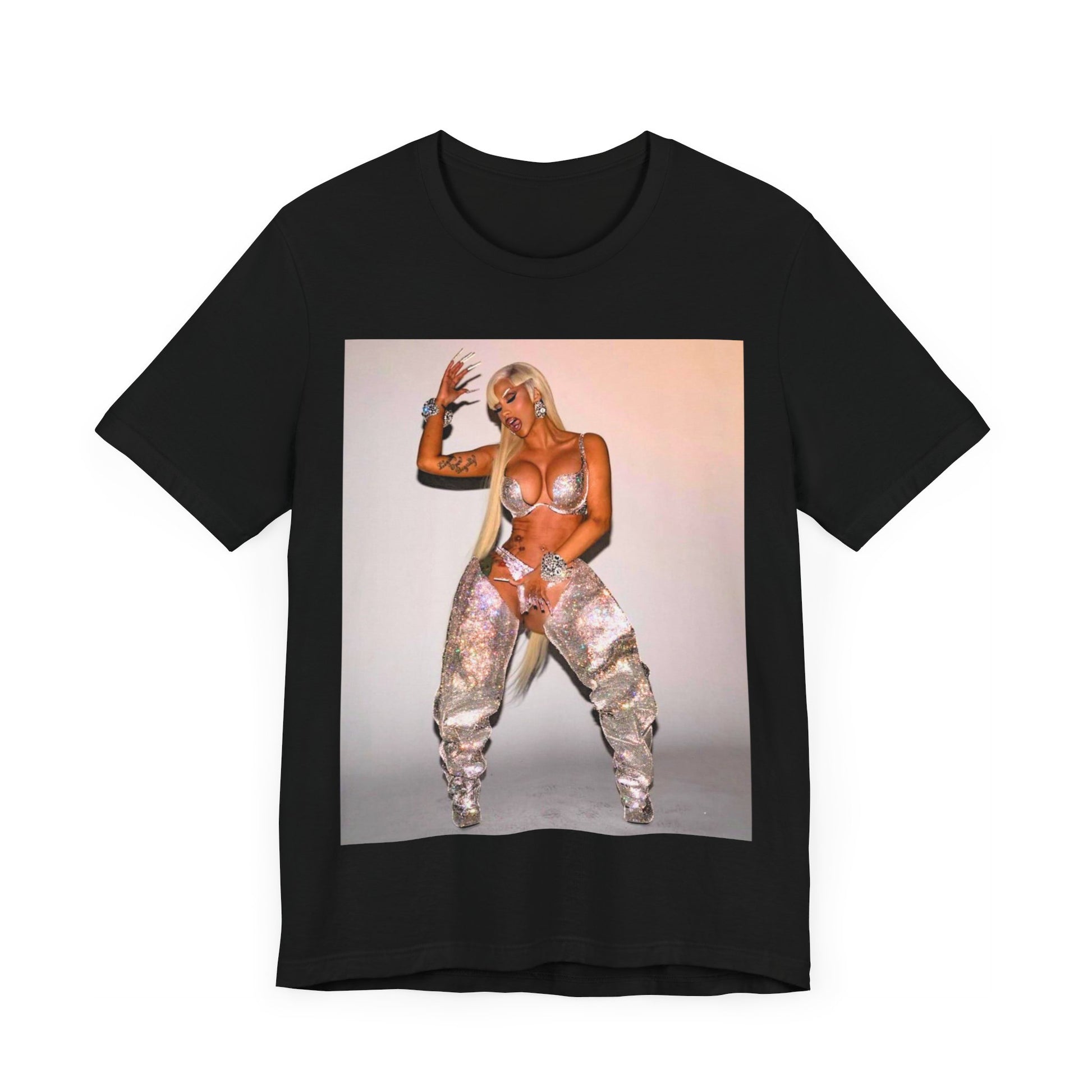 A black graphic t-shirt featuring a vintage graphic of Cardi B as a 'Bronx Queen' or rap icon.