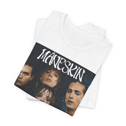 A black graphic t-shirt featuring a graphic of Maneskin with cool Italian rock vibes.