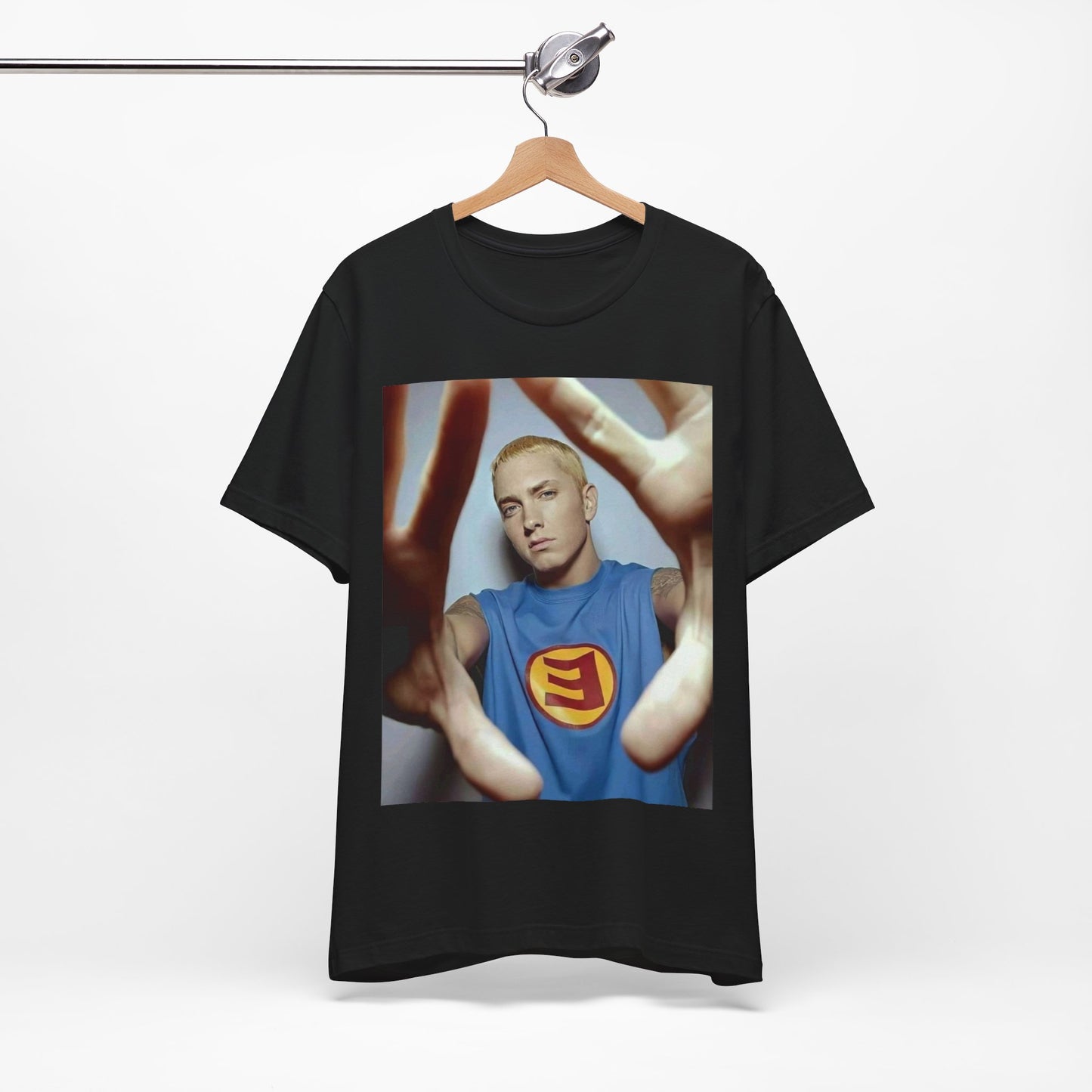 A black graphic t-shirt featuring a graphic related to Eminem's 'The Slim Shady LP' album.