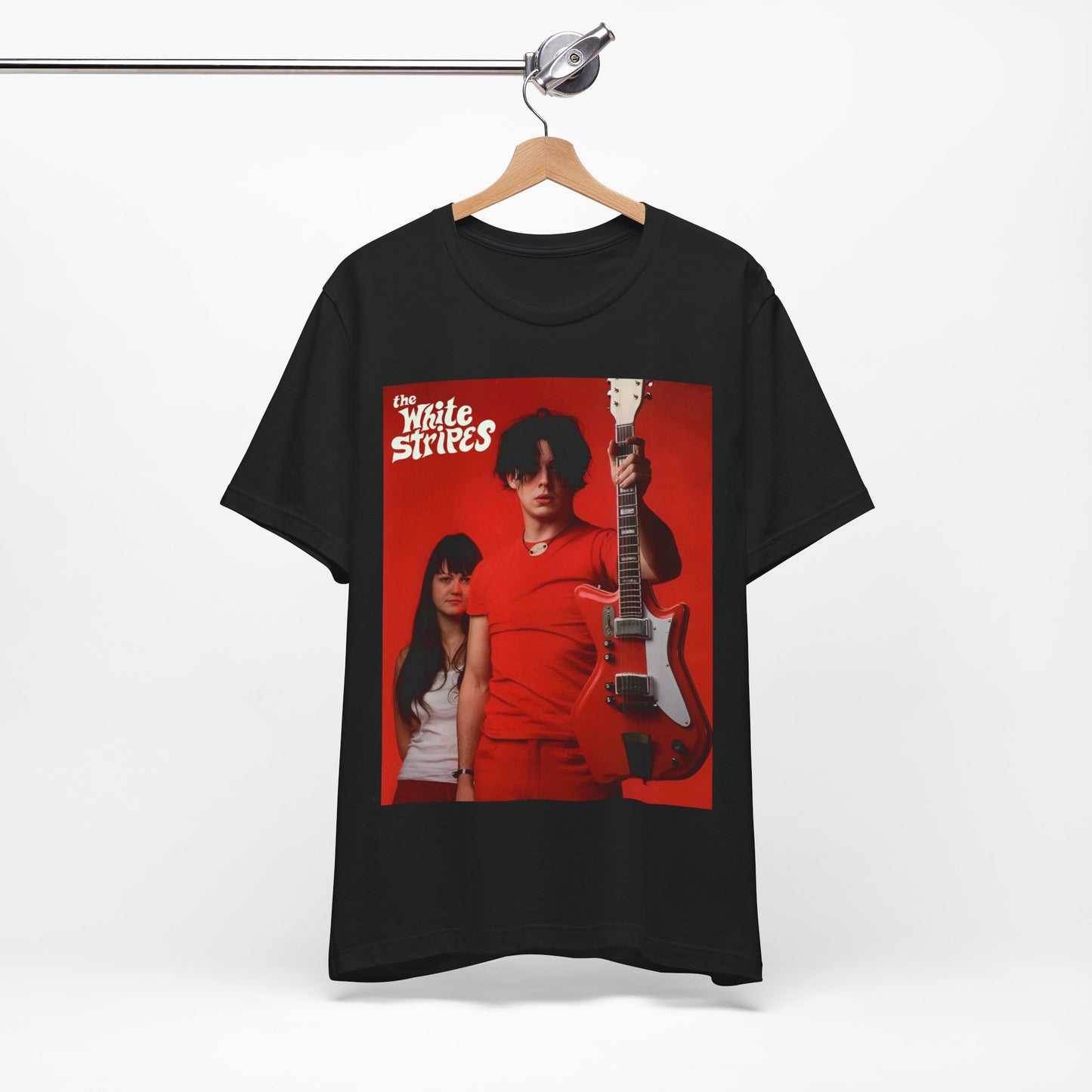 A black graphic t-shirt featuring a vintage garage rock graphic of The White Stripes.