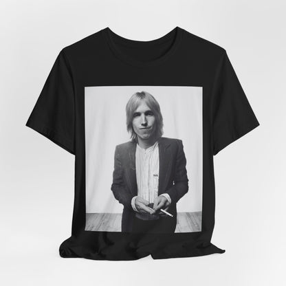 A black graphic t-shirt featuring a graphic of Tom Petty with rock legend vibes.
