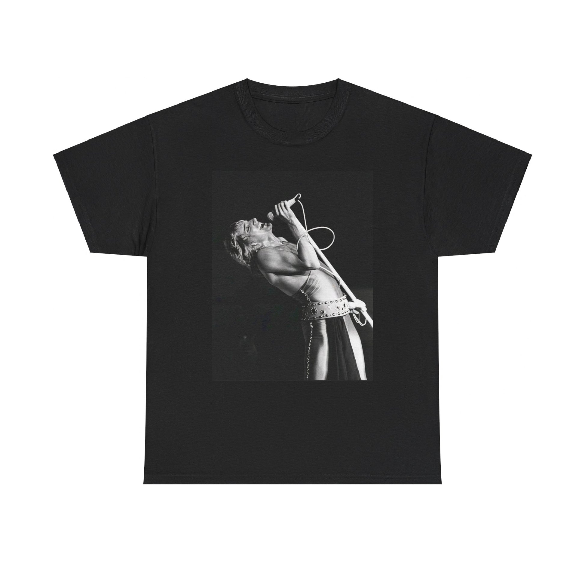 A black graphic t-shirt featuring a bold black and white graphic of Rod Stewart as a rock superstar.