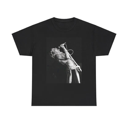A black graphic t-shirt featuring a bold black and white graphic of Rod Stewart as a rock superstar.