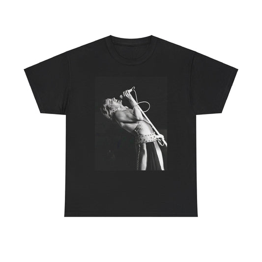 A black graphic t-shirt featuring a bold black and white graphic of Rod Stewart as a rock superstar.