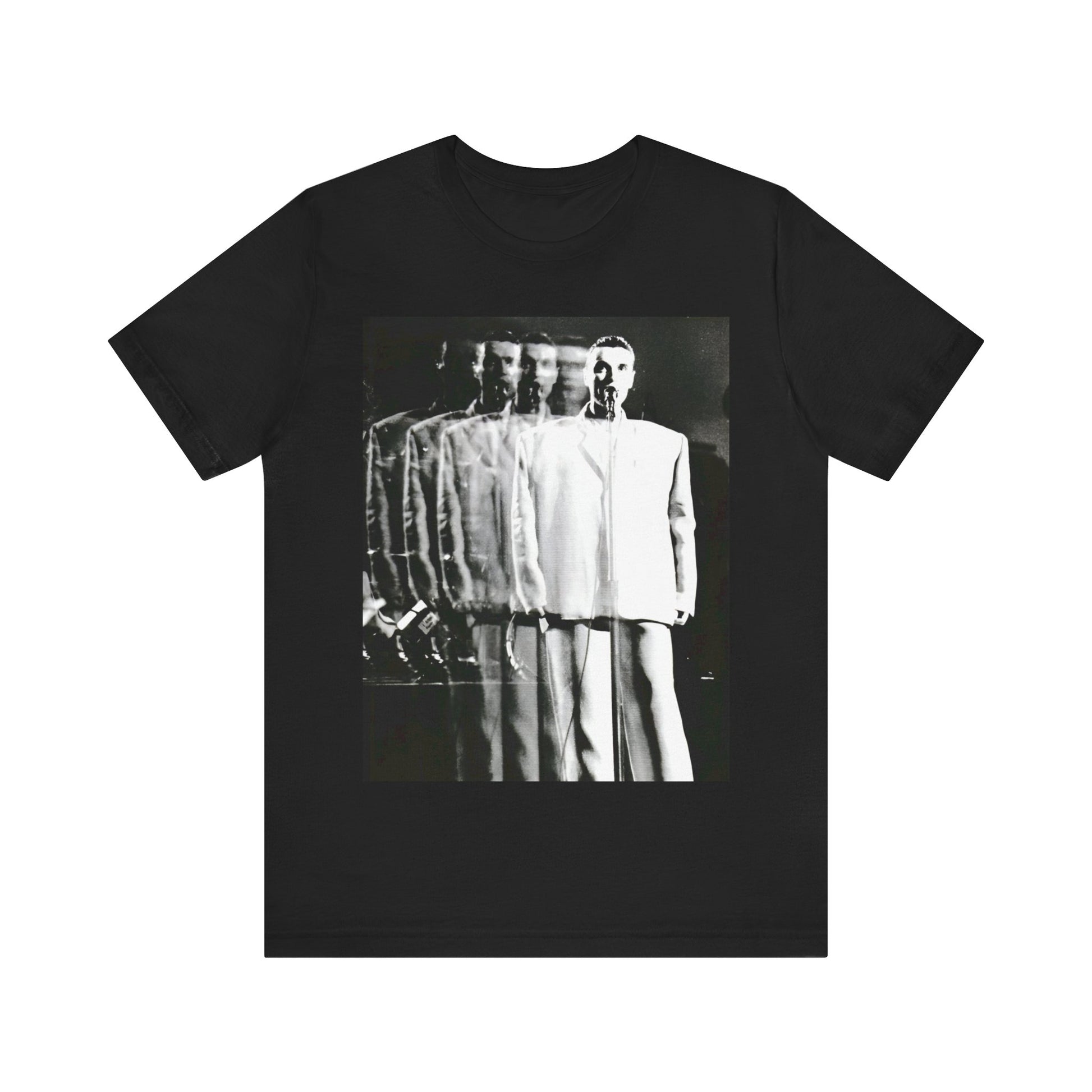 A black graphic t-shirt featuring a graphic of David Byrne from Talking Heads in his iconic 'big suit'.