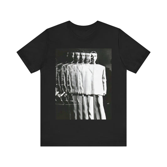 A black graphic t-shirt featuring a graphic of David Byrne from Talking Heads in his iconic 'big suit'.
