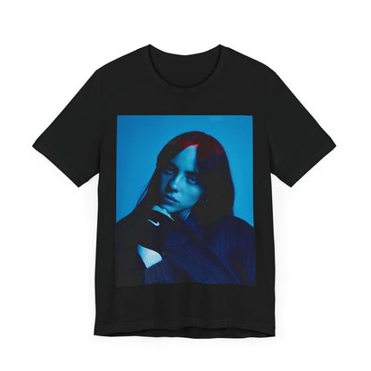A soft, slightly blurred photo of Billie Eilish, evoking the dreamy and nostalgic feel of her song 'Ocean Eyes,' printed on a t-shirt.