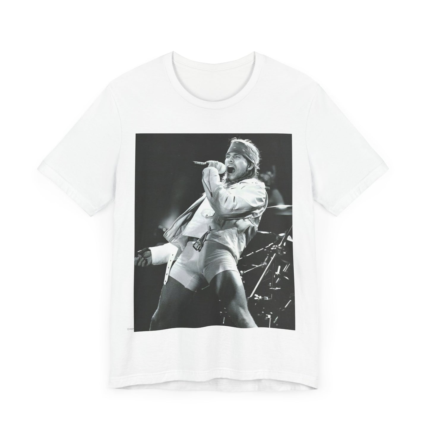A black graphic t-shirt featuring a black and white graphic or photo of Axl Rose from Guns N' Roses performing on stage in the 90s.