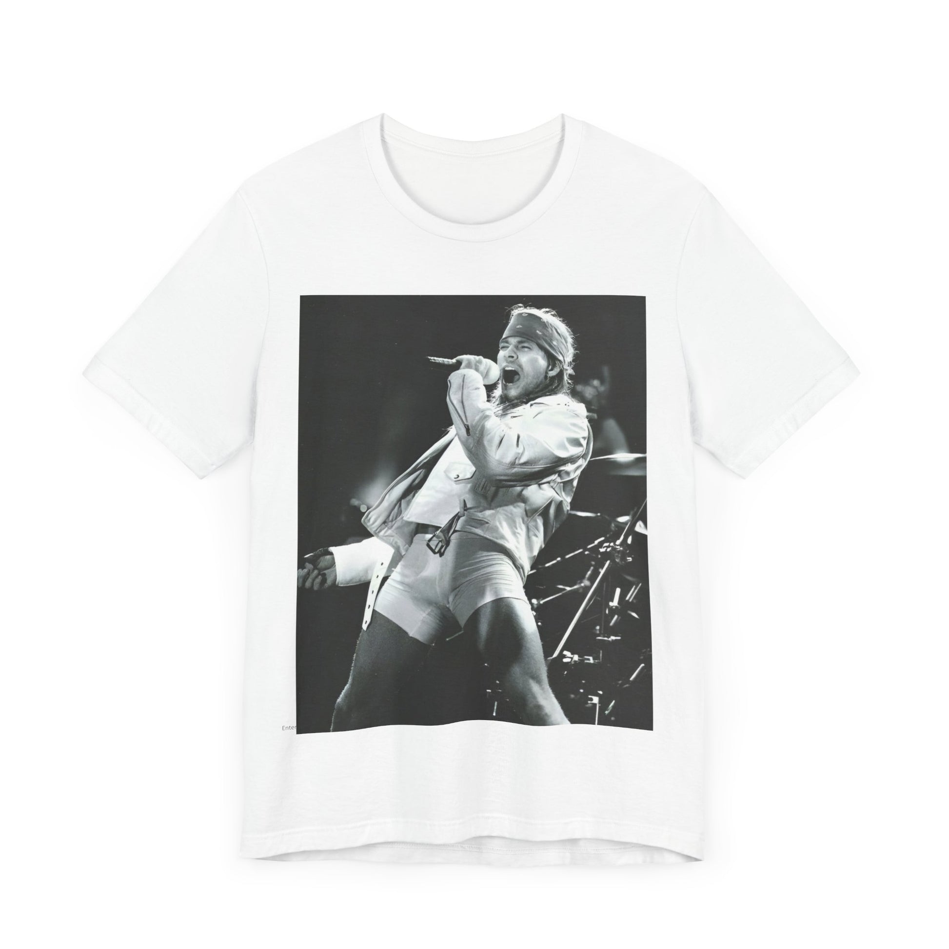 A black graphic t-shirt featuring a black and white graphic or photo of Axl Rose from Guns N' Roses performing on stage in the 90s.