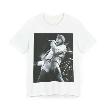 A black graphic t-shirt featuring a black and white graphic or photo of Axl Rose from Guns N' Roses performing on stage in the 90s.