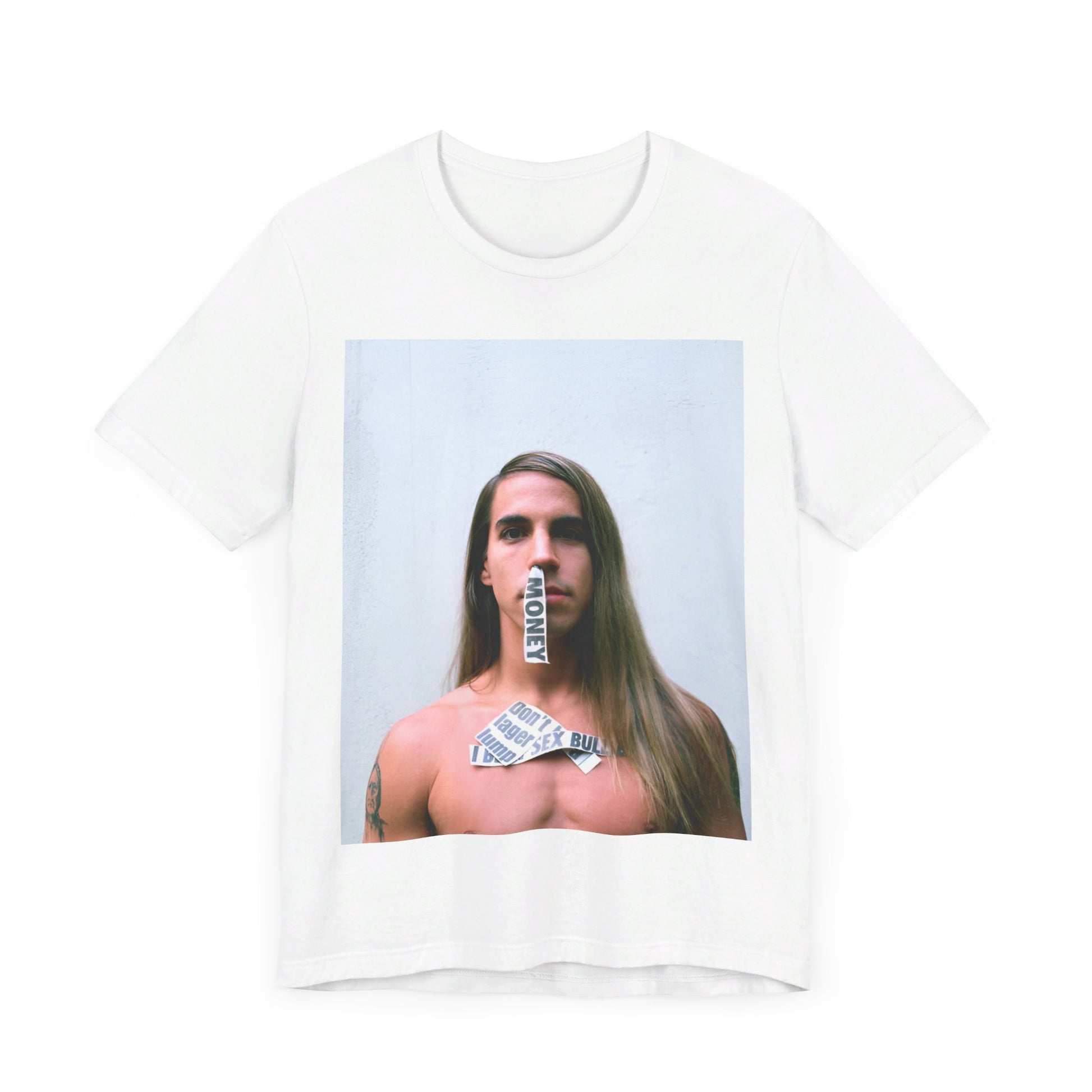 A black graphic t-shirt featuring a 90s photo portrait of Anthony Kiedis from Red Hot Chili Peppers.