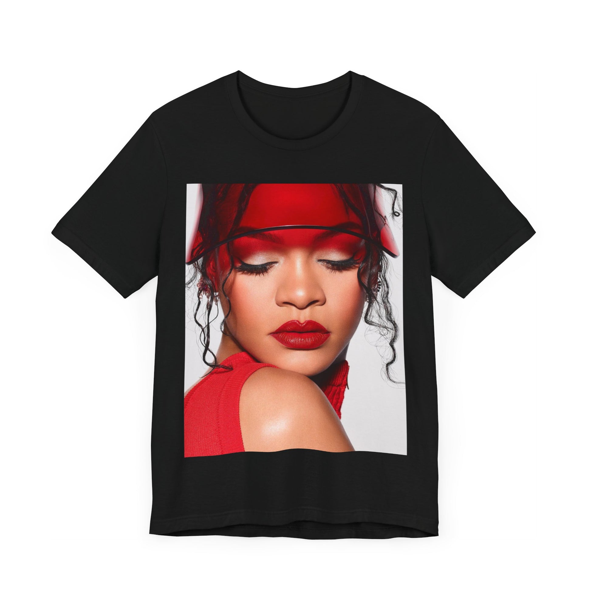 A black graphic t-shirt featuring a casual pop fan graphic of Rihanna.