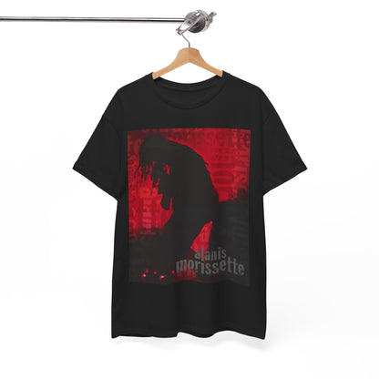A black graphic t-shirt featuring a promotional graphic for an Alanis Morissette tour from the 2000s, possibly with stylized text and band imagery.