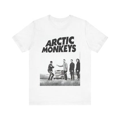 A black graphic t-shirt featuring the Arctic Monkeys logo in black and white.