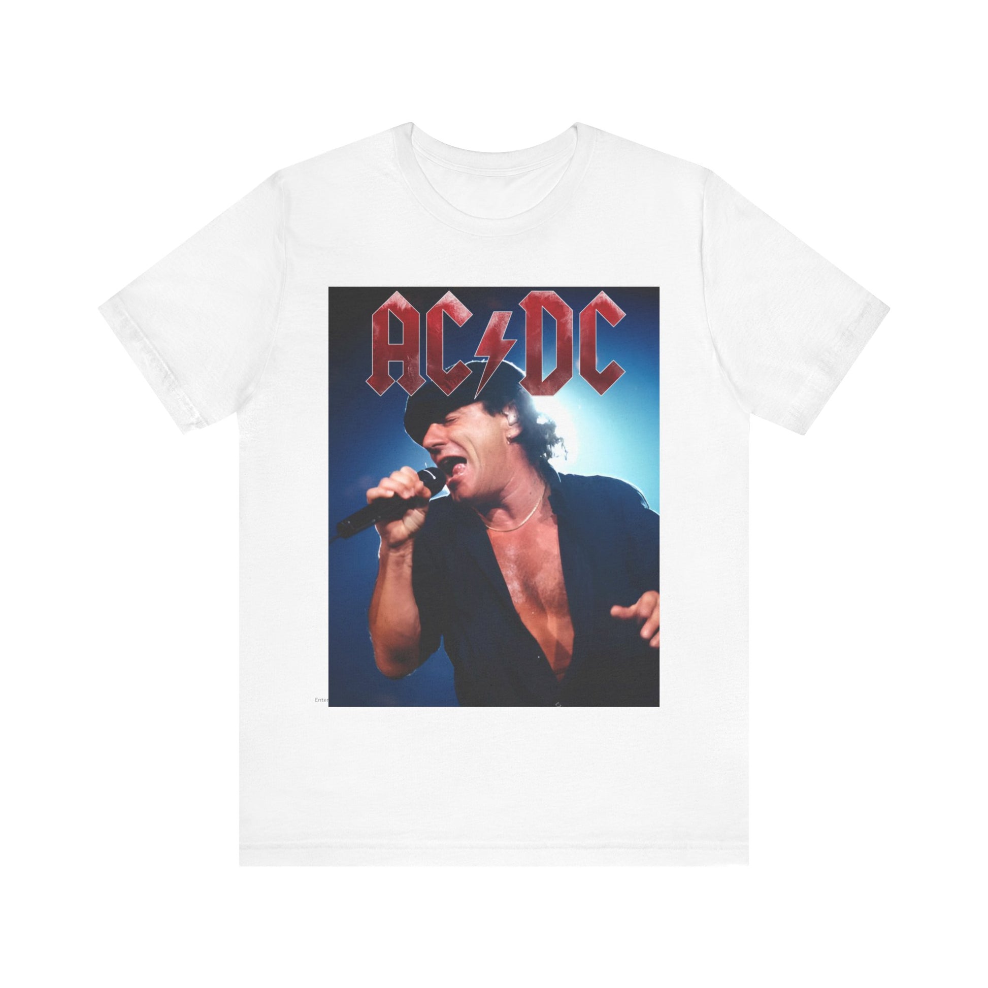 A graphic of AC/DC's lead singer, Brian Johnson, performing with powerhouse energy live on stage, printed on a t-shirt.