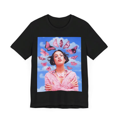 A black graphic t-shirt featuring a graphic related to Olivia Rodrigo's 'Drivers License' song or era.