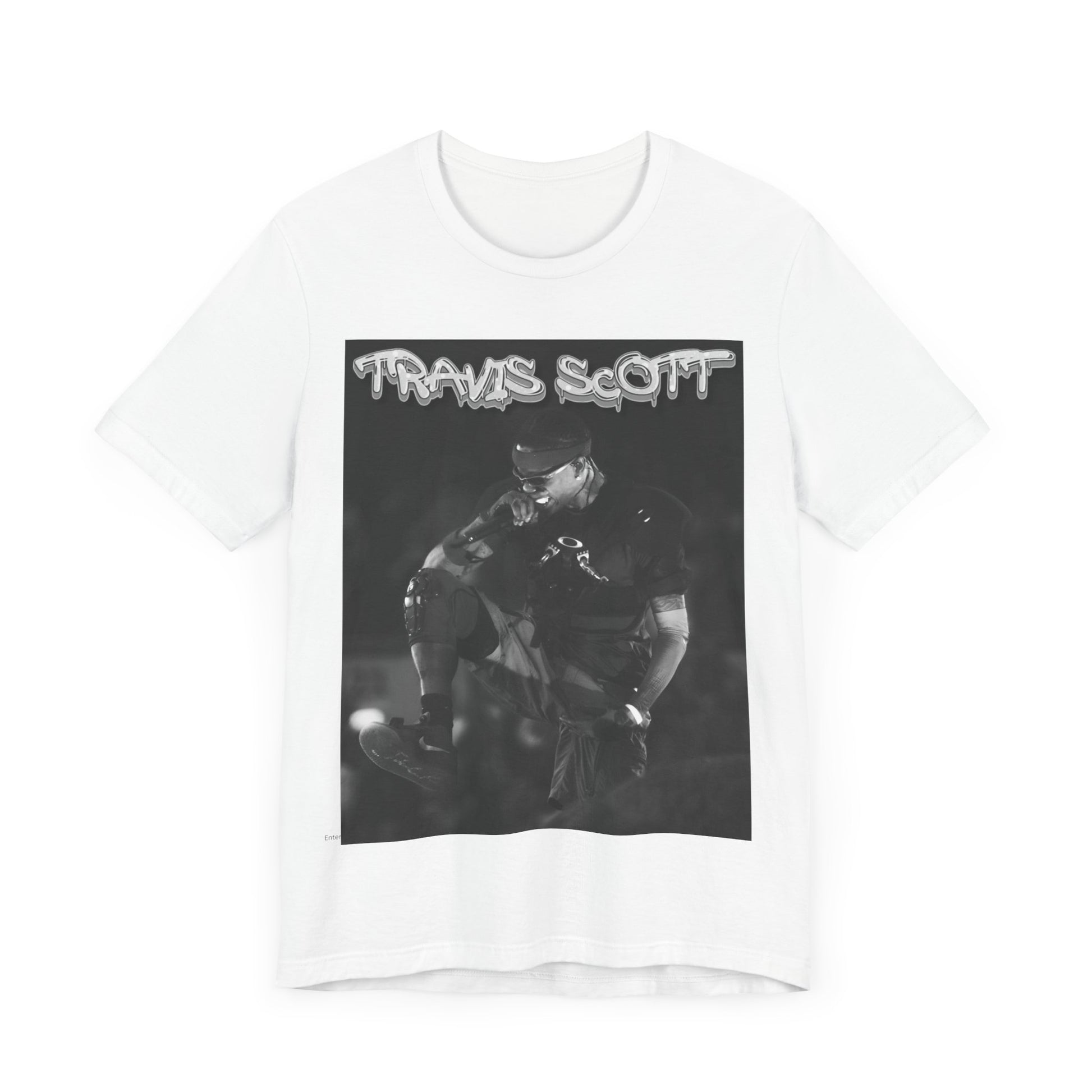 A black graphic t-shirt featuring a casual rap fan graphic of Travis Scott.