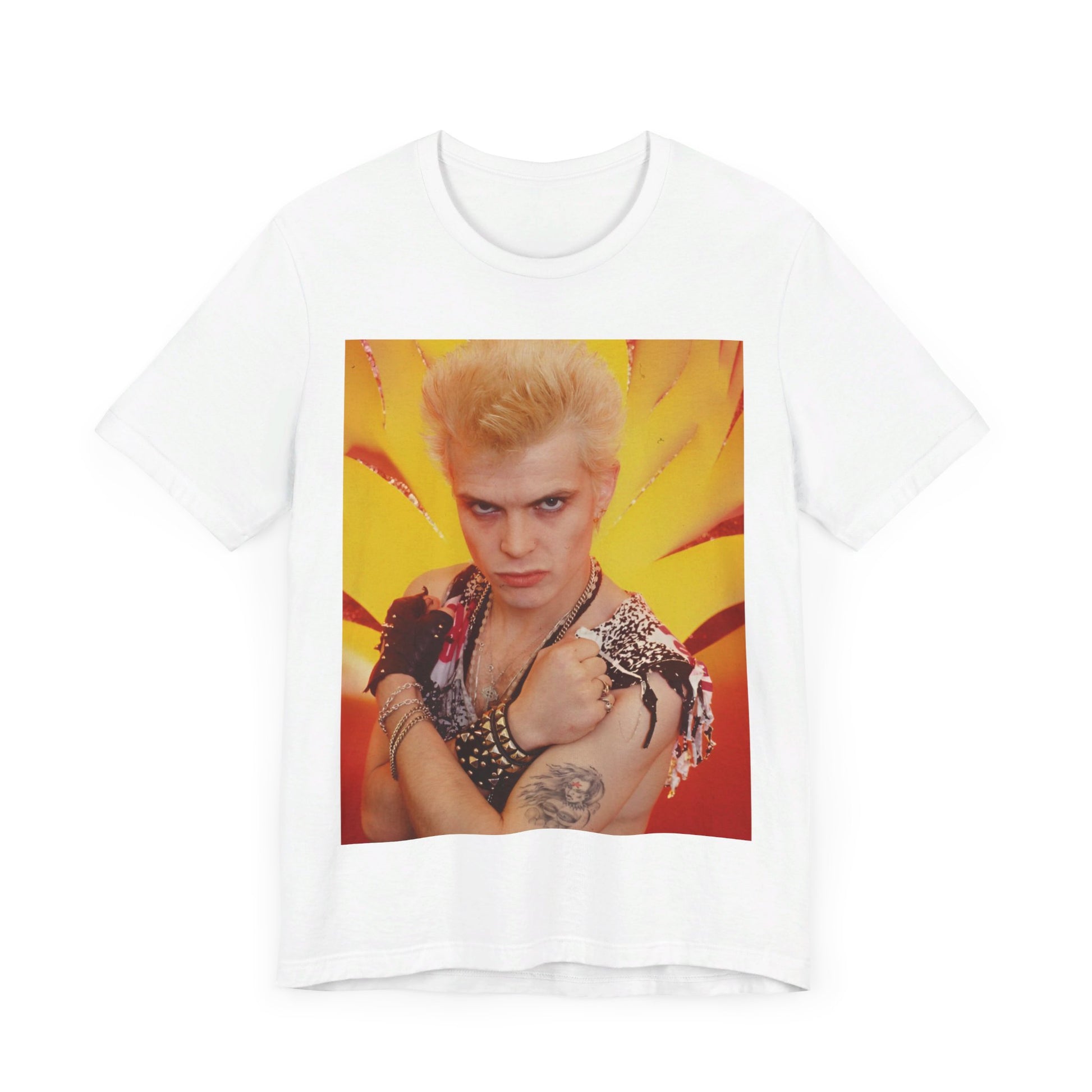 A black graphic t-shirt featuring an 80s old-school merchandise-style graphic of Billy Idol, possibly with stylized text or imagery.