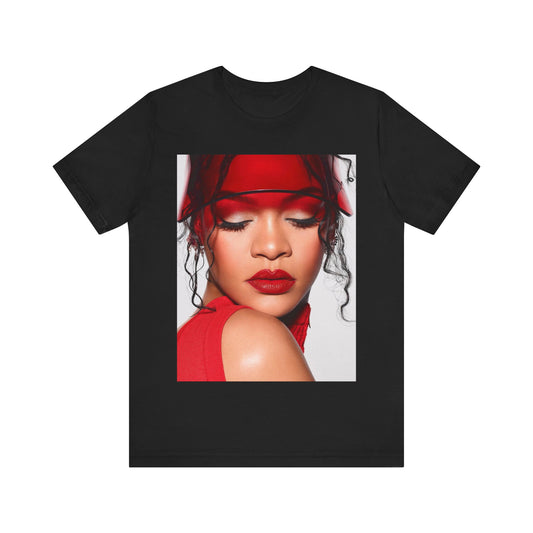 A black graphic t-shirt featuring a casual pop fan graphic of Rihanna.
