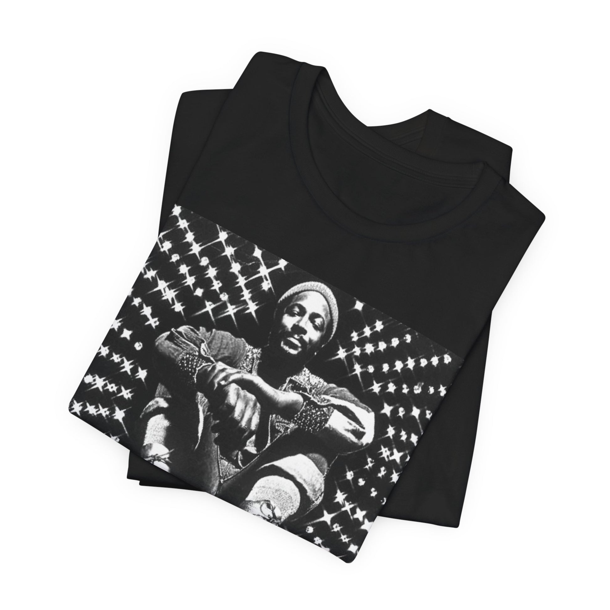 A black graphic t-shirt featuring a black and white vintage soul icon graphic of Marvin Gaye.