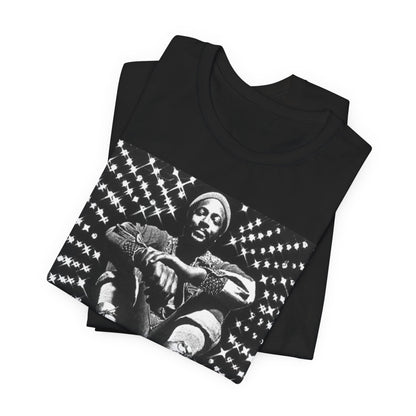 A black graphic t-shirt featuring a black and white vintage soul icon graphic of Marvin Gaye.