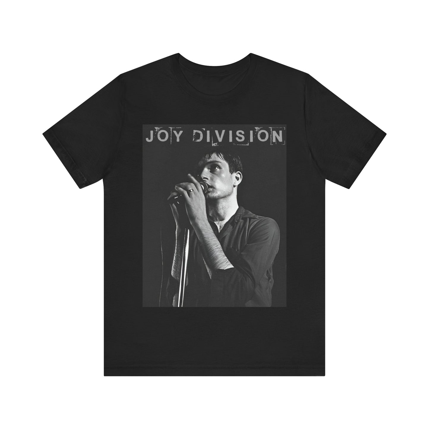 A black graphic t-shirt featuring an 80s goth rock aesthetic graphic of Joy Division.