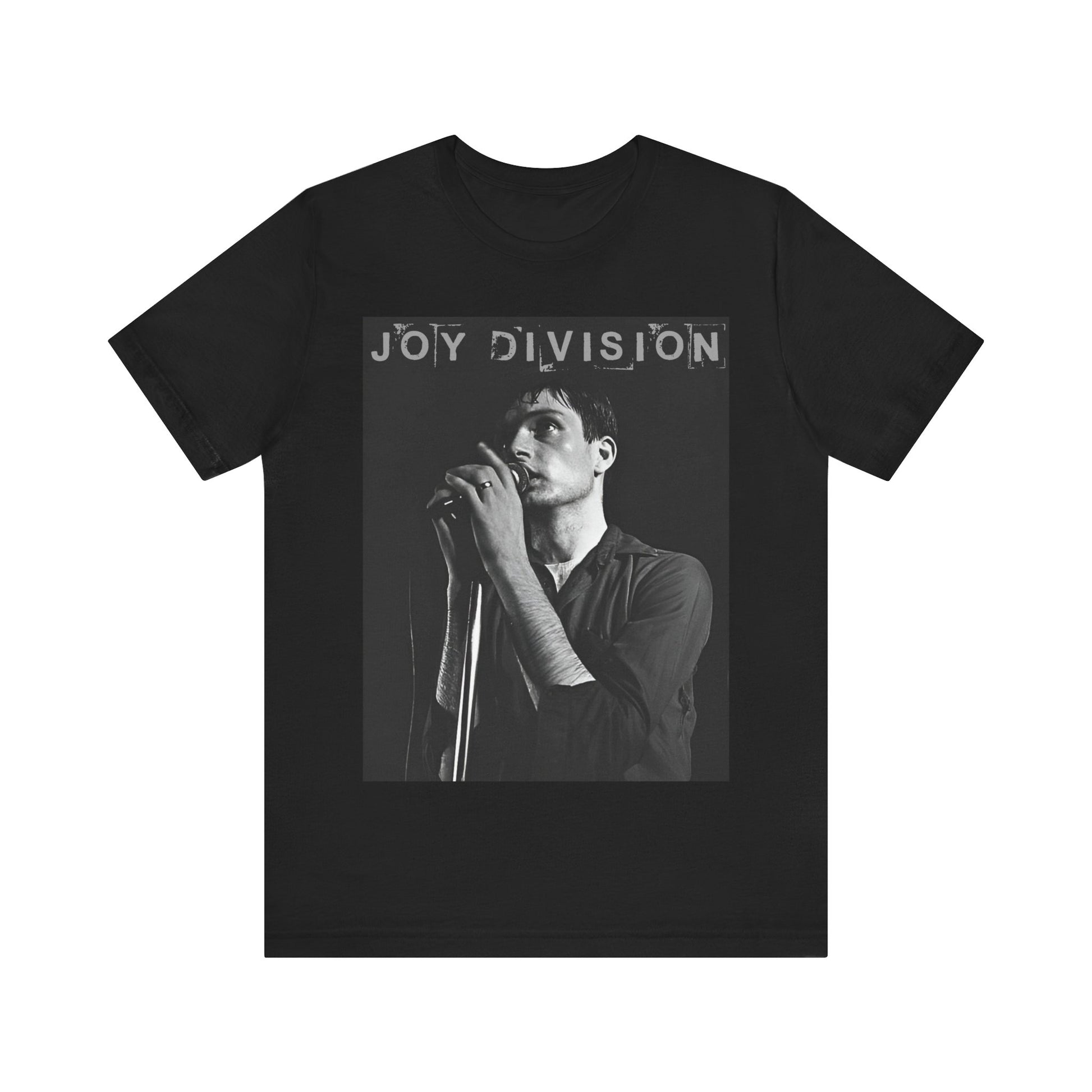 A black graphic t-shirt featuring an 80s goth rock aesthetic graphic of Joy Division.