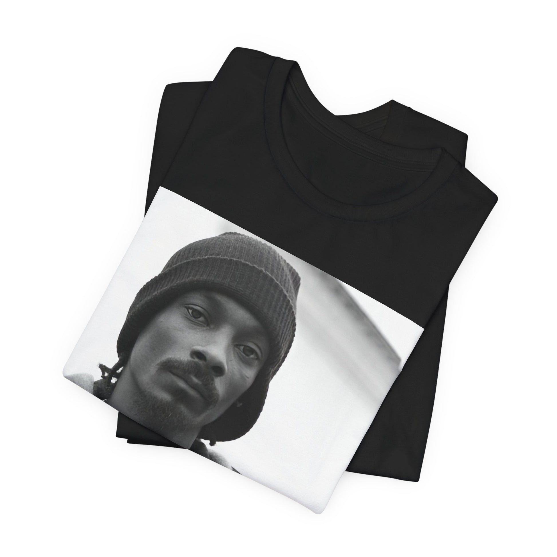 A black graphic t-shirt featuring a black and white, monochrome graphic of Snoop Dogg with an OG cool vibe.