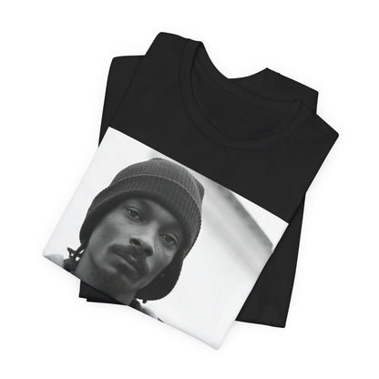 A black graphic t-shirt featuring a black and white, monochrome graphic of Snoop Dogg with an OG cool vibe.