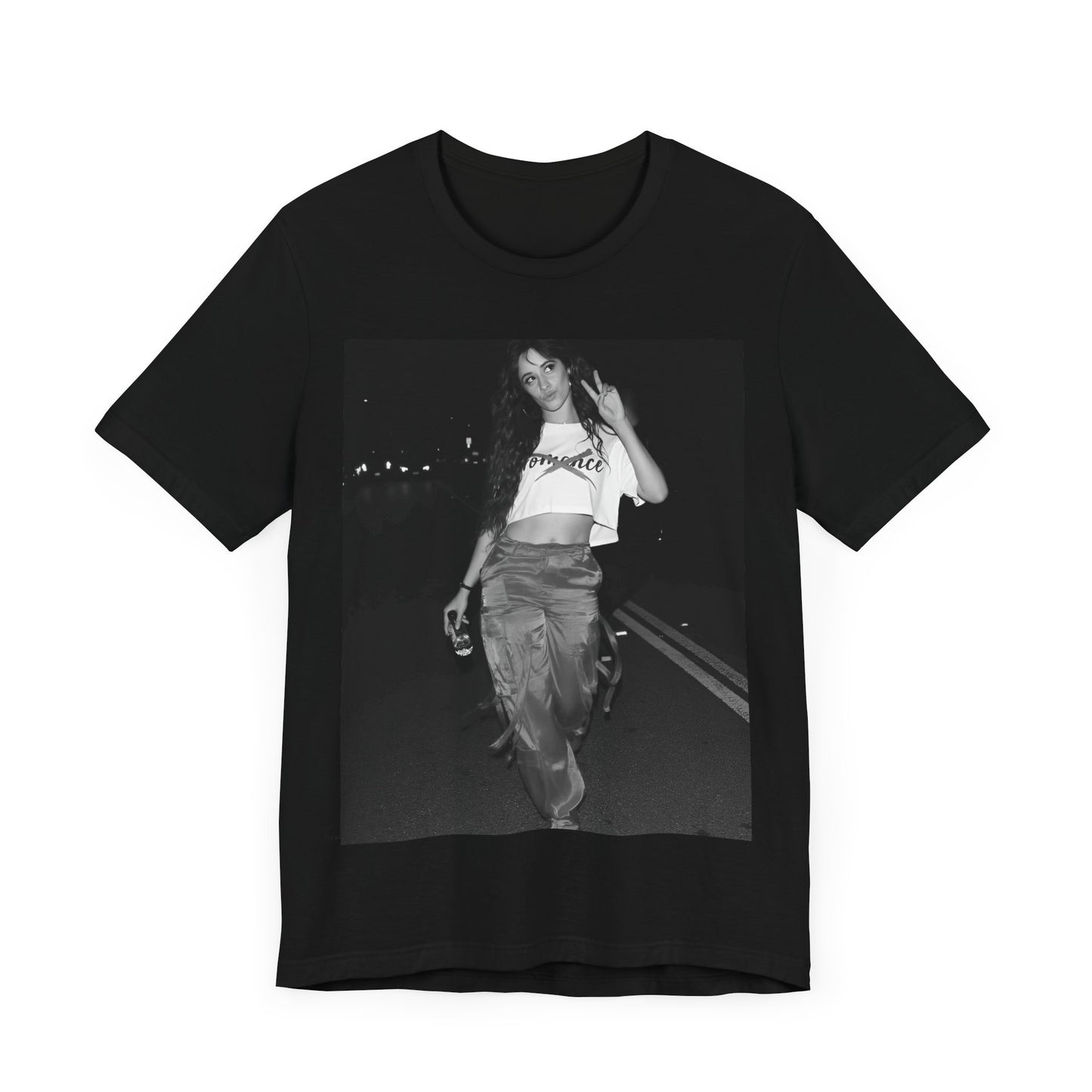 A black graphic t-shirt featuring a photo of Camila Cabello from her "Romance" album era.