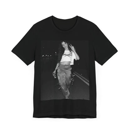 A black graphic t-shirt featuring a photo of Camila Cabello from her "Romance" album era.