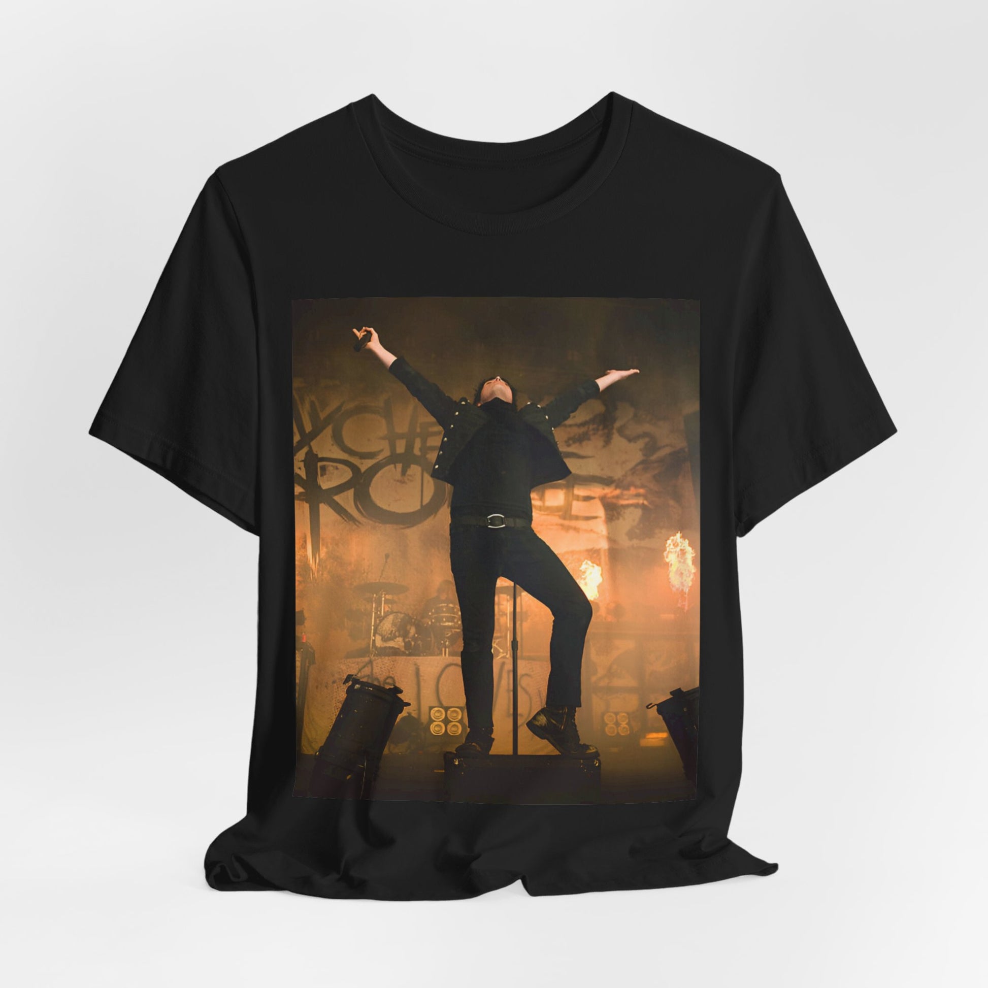 A black graphic t-shirt featuring an on-stage merch graphic of My Chemical Romance.